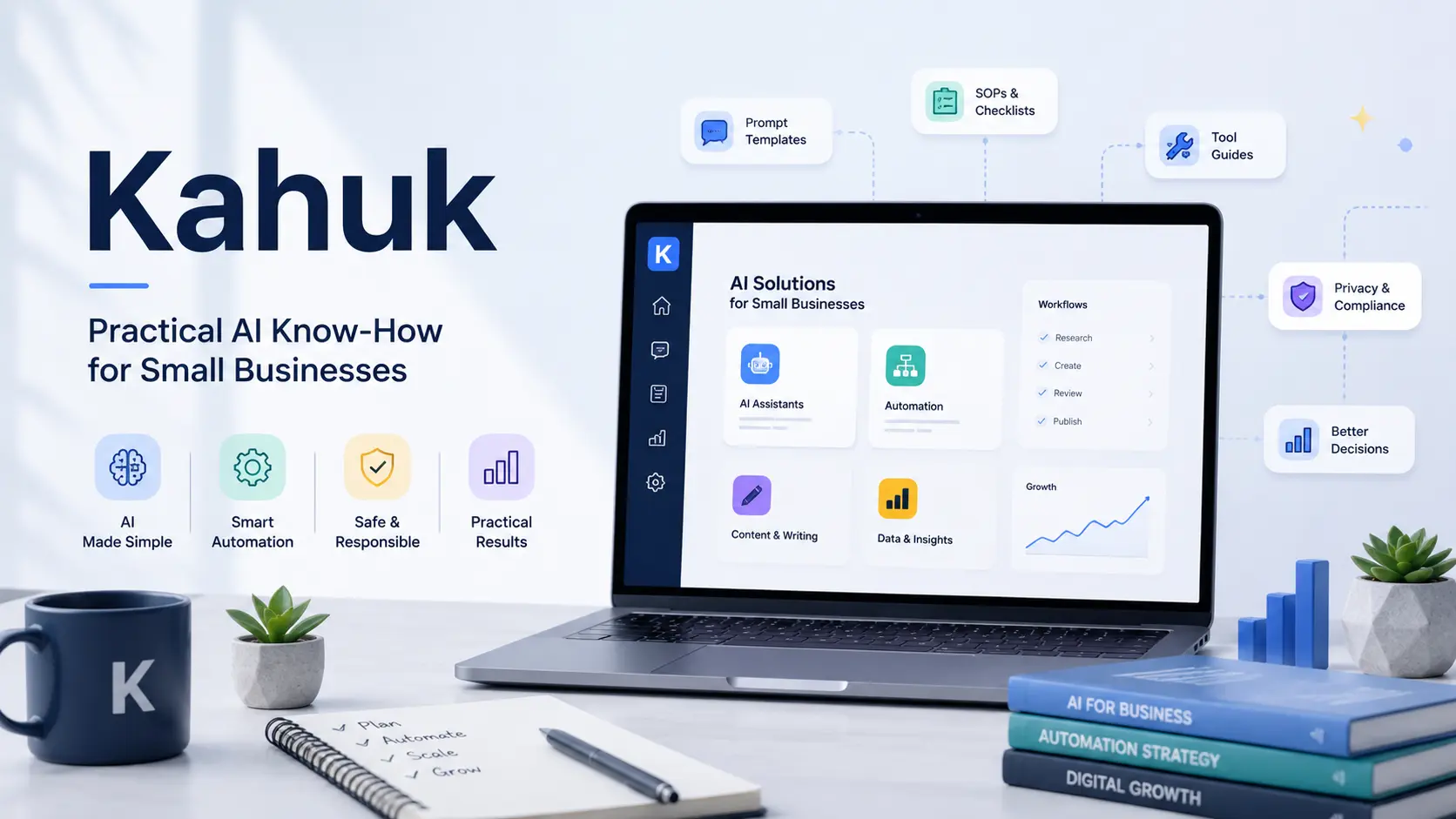 Kahuk featured image showing a modern laptop dashboard with AI tools, automation, privacy, compliance, and business workflow elements for small businesses.