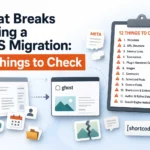 CMS migration checklist showing 12 common problems, including broken links, missing metadata, images, shortcodes, and redirects
