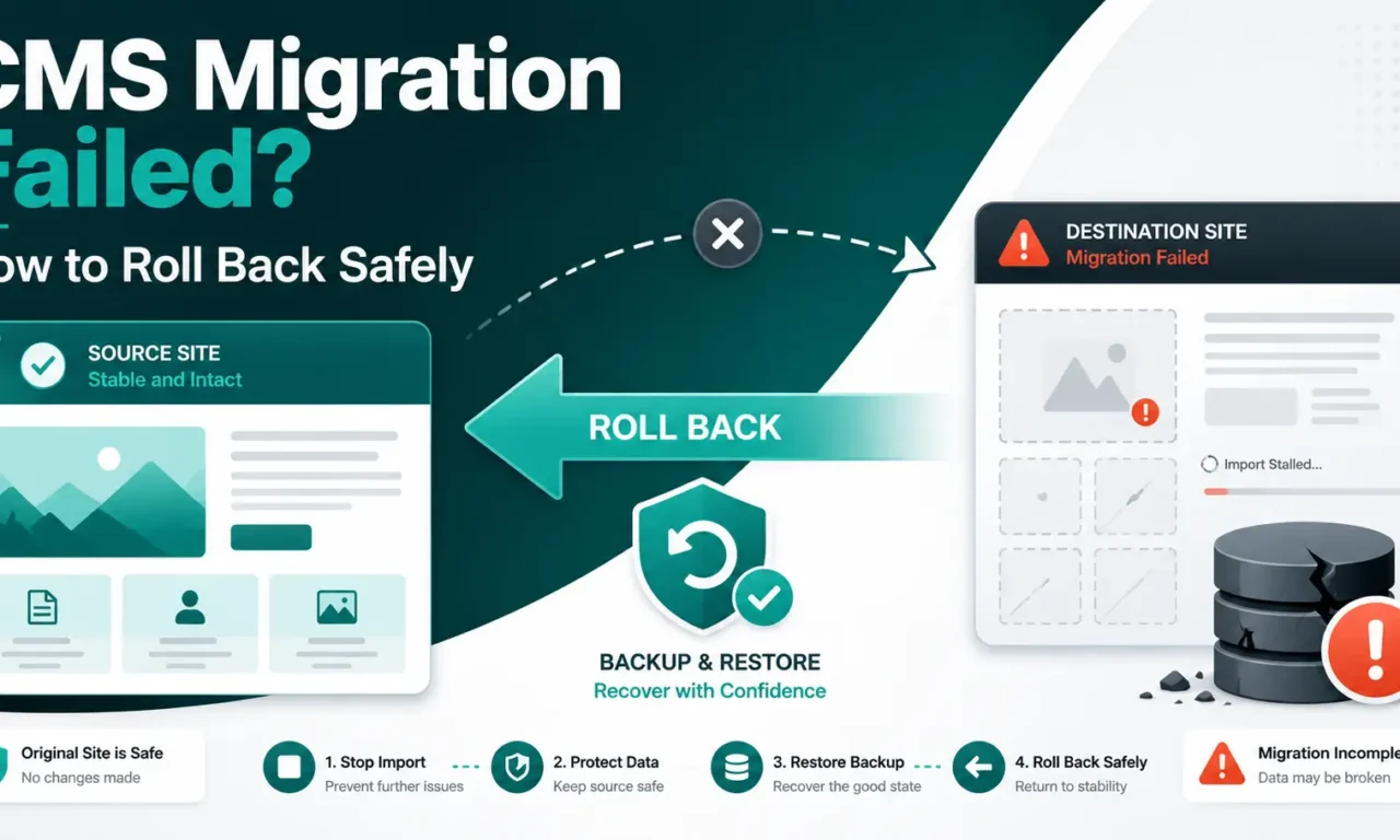 CMS migration rollback from a failed destination site to a stable source using backup and restore
