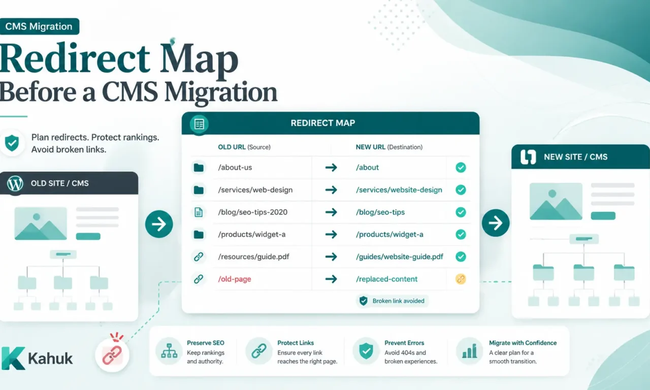 Redirect map showing old website URLs mapped to new URLs before a CMS migration