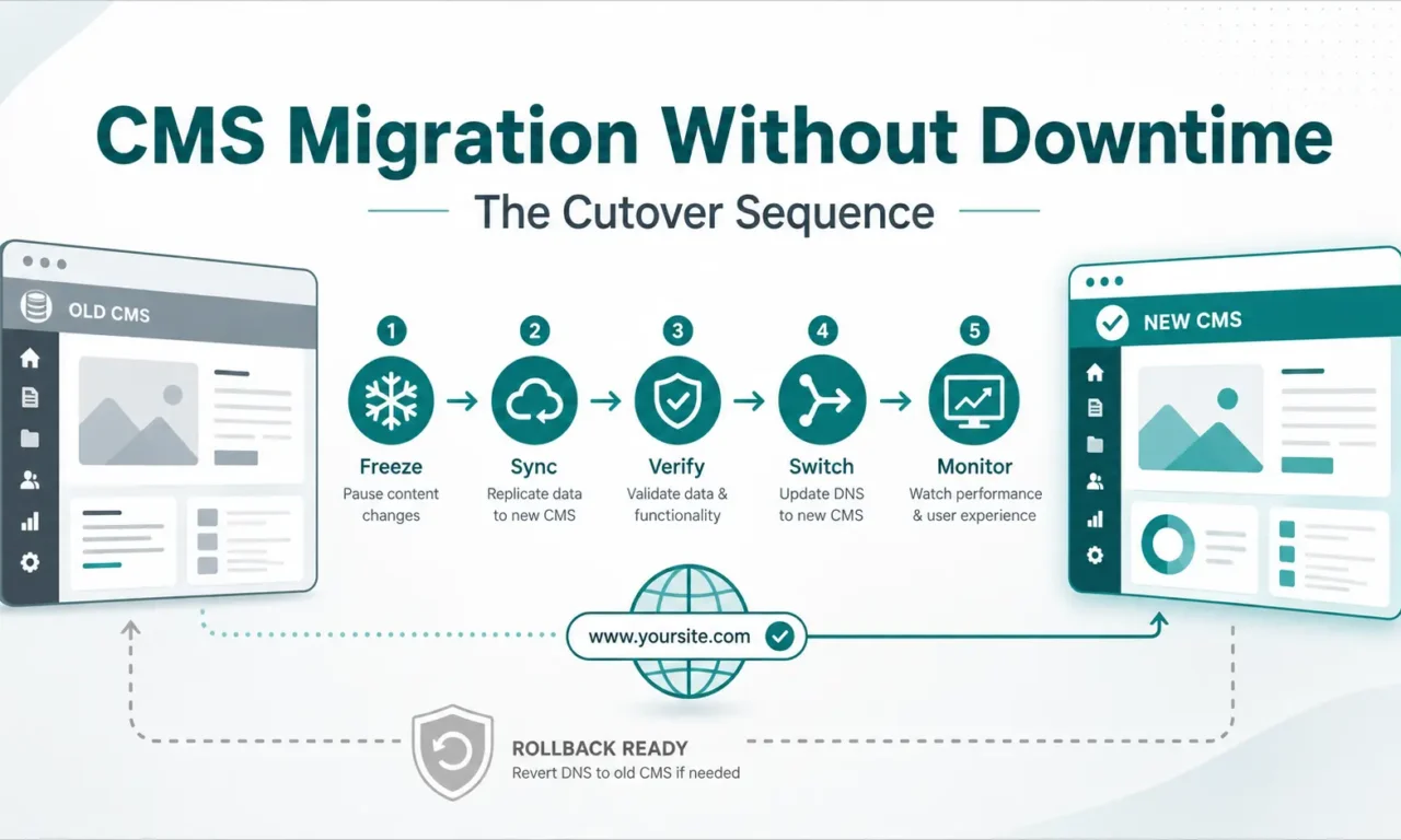 CMS migration cutover sequence showing freeze, sync, verify, DNS switch, monitoring, and rollback between old and new platforms