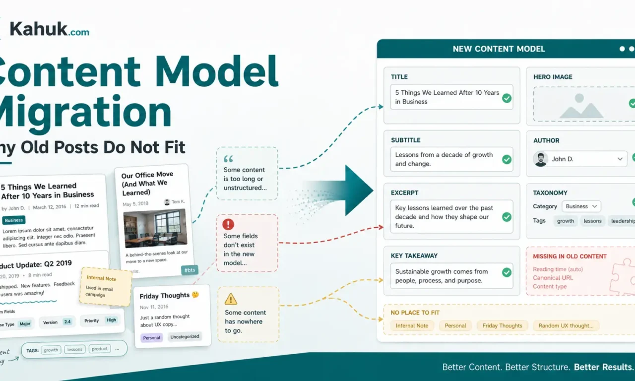 Old blog posts being mapped into a structured CMS content model with missing fields and unmatched content.
