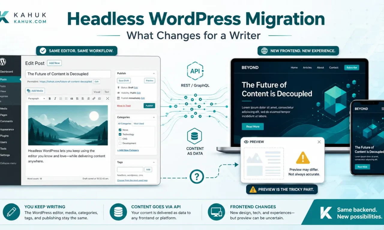 Headless WordPress migration showing the WordPress editor connected by an API to a separate frontend with a preview warning.