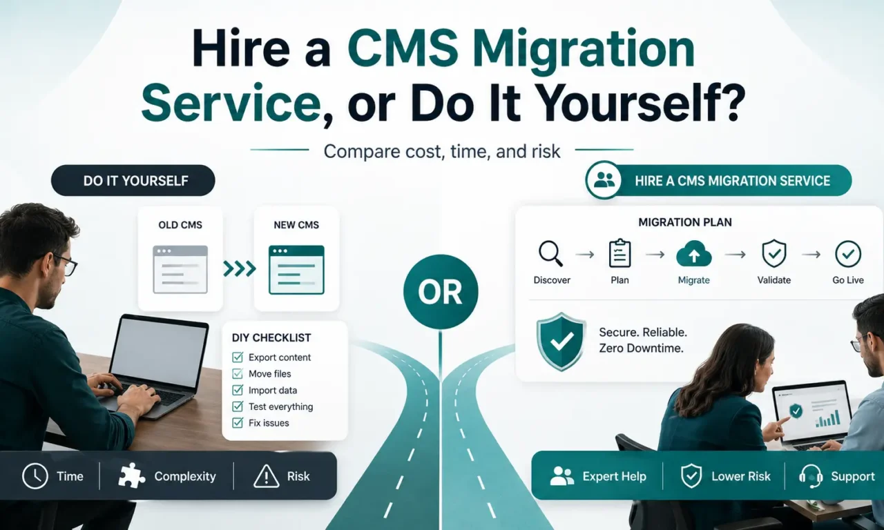 DIY CMS migration compared with hiring a professional migration service, highlighting time, complexity, risk, expert help, and support.