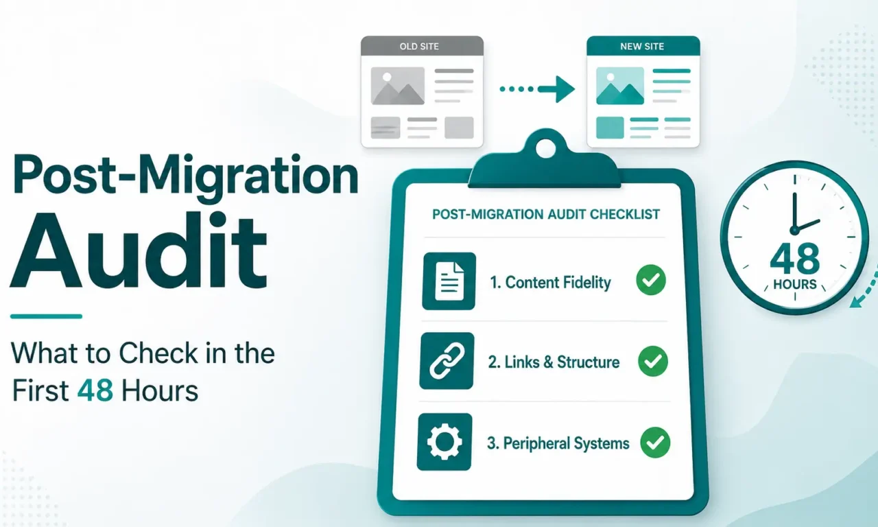 Post-migration audit checklist covering content fidelity, links and structure, and peripheral systems during the first 48 hours