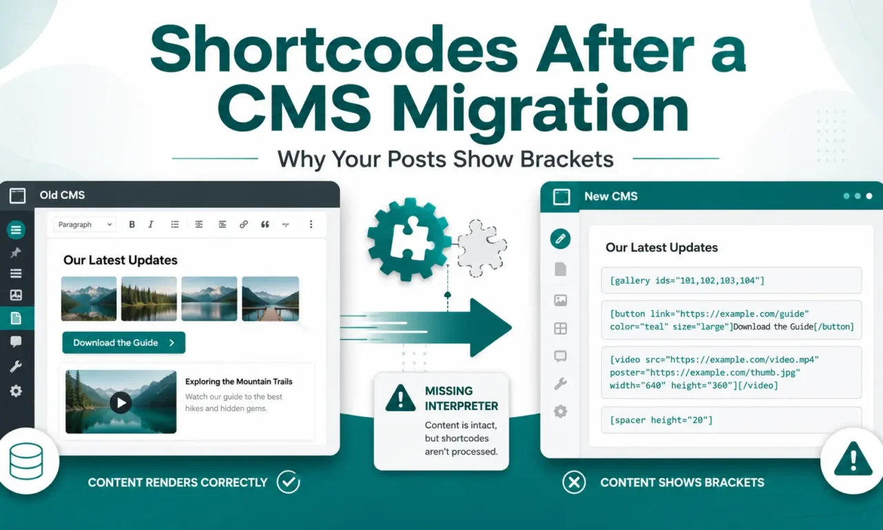 Old CMS rendering galleries and buttons correctly beside a new CMS displaying raw shortcode brackets after migration