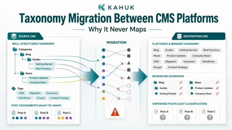 CMS taxonomy migration showing nested categories and tags becoming flattened terms with broken relationships and orphaned posts