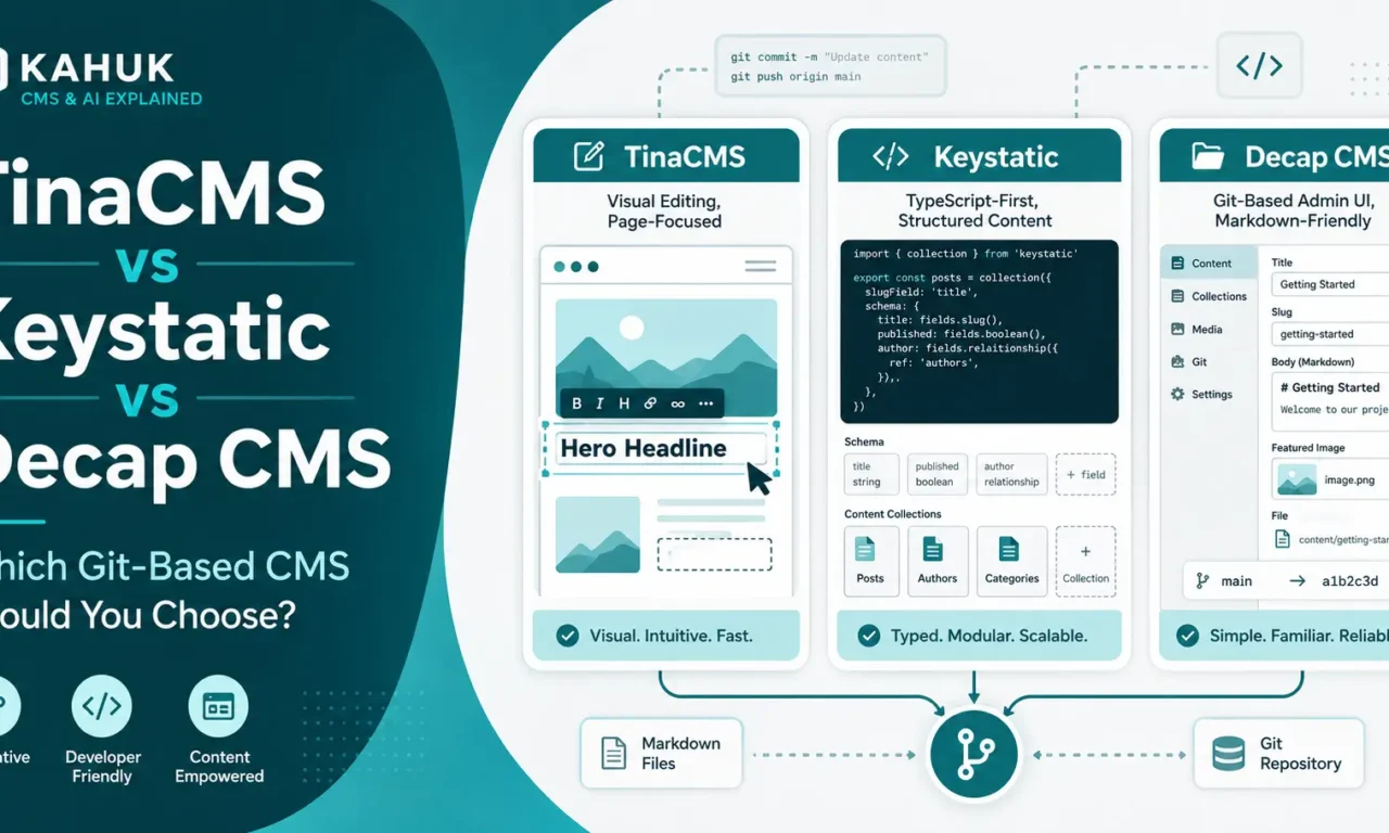TinaCMS, Keystatic, and Decap CMS compared by visual editing, structured content, and Git-based publishing workflows
