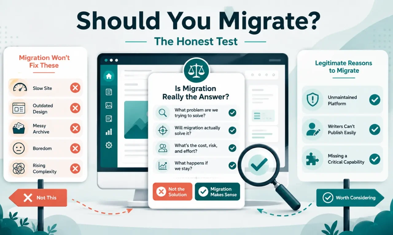 CMS migration decision checklist comparing problems that justify moving with issues better fixed without migration