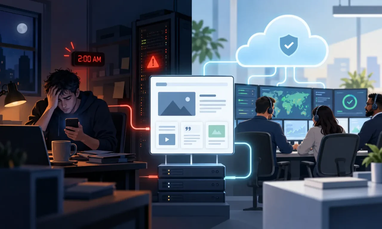 Self-hosted CMS operator handling a 2am incident compared with a cloud hosting support team