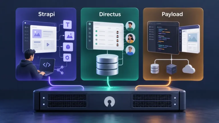 Three-panel illustration comparing Strapi, Directus and Payload above a shared self-hosted server platform.