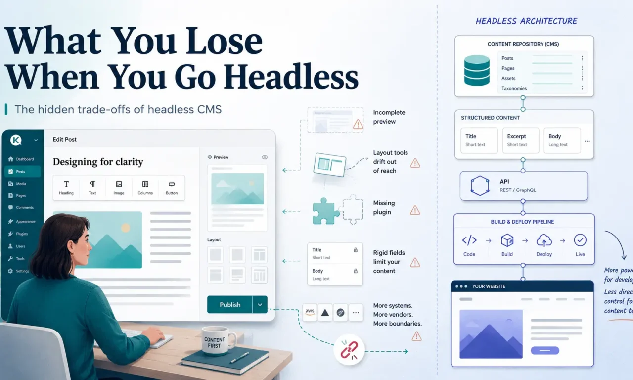 Editor facing headless CMS trade-offs including preview limitations, rigid content fields, missing plugins, and a separate publishing pipeline.